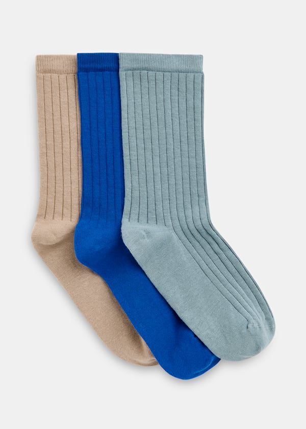 Blue Ribbed Socks Set of 3