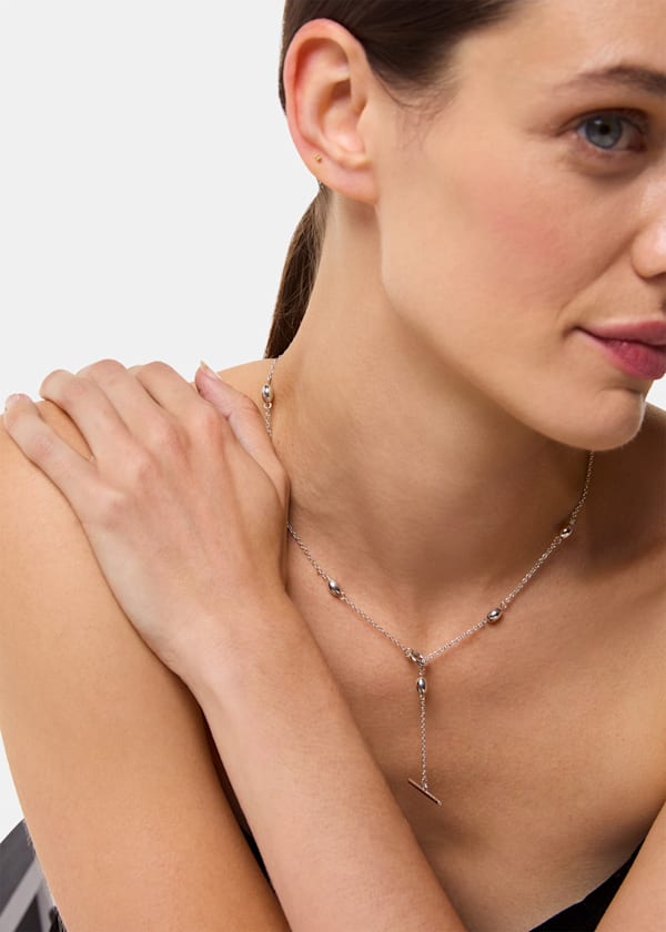 Silver Oval Beaded T Bar Necklace