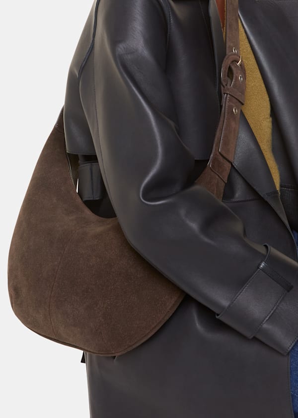 Chocolate Sia Suede Curved Crossbody Bag