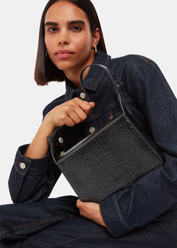 Black Erica Croc Shoulder Bag
