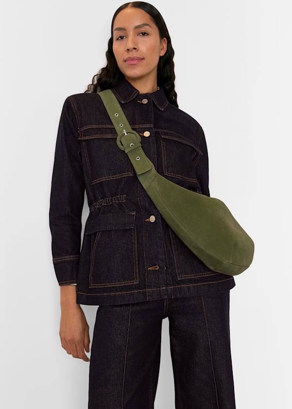 Khaki Sia Suede Curved Crossbody Bag