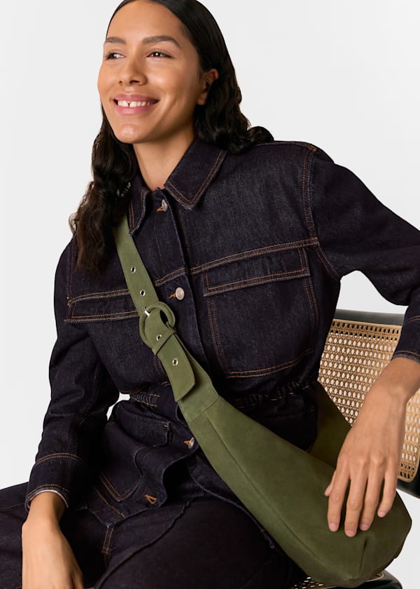 Khaki Sia Suede Curved Crossbody Bag