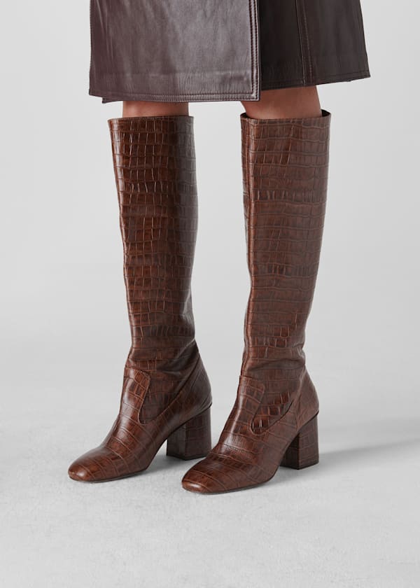 Brown Hazel Croc Knee High Boot