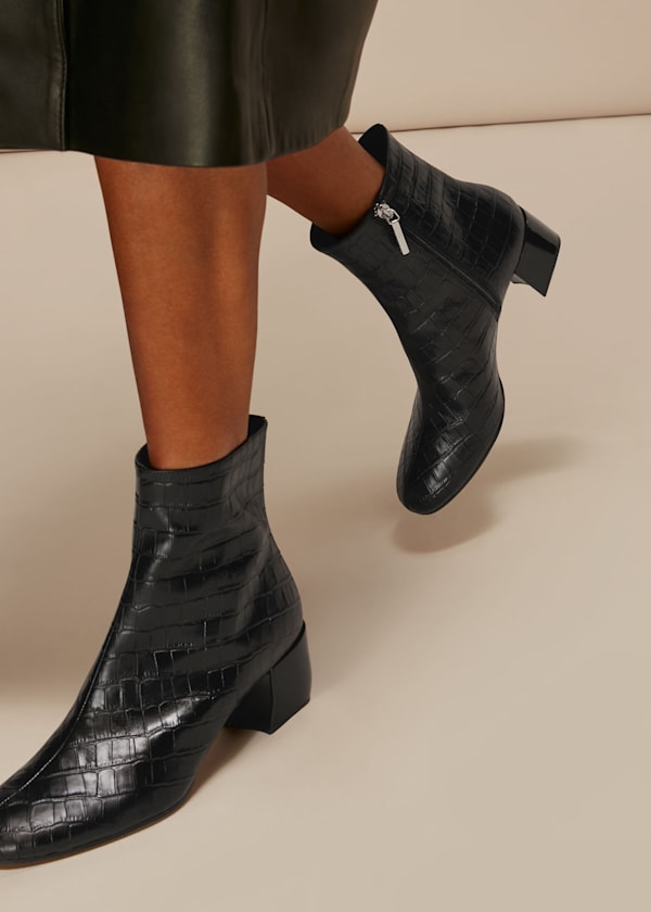 Black Elora Croc Block Heel Boot