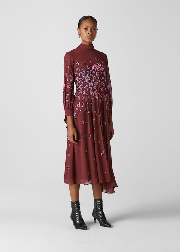 Burgundy Leo Print Pleated Dress