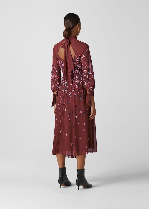 Burgundy Leo Print Pleated Dress