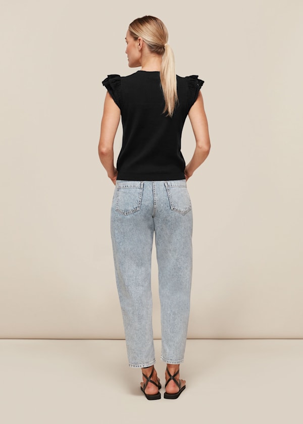 Black Pointelle Frill Sleeve Top
