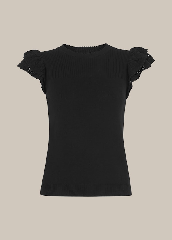 Black Pointelle Frill Sleeve Top