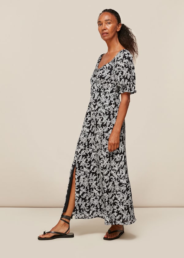 Black Jasmine Print Silk Dress