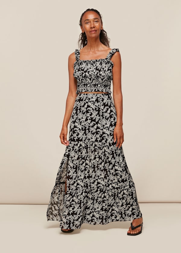 Black Jasmine Print Silk Skirt