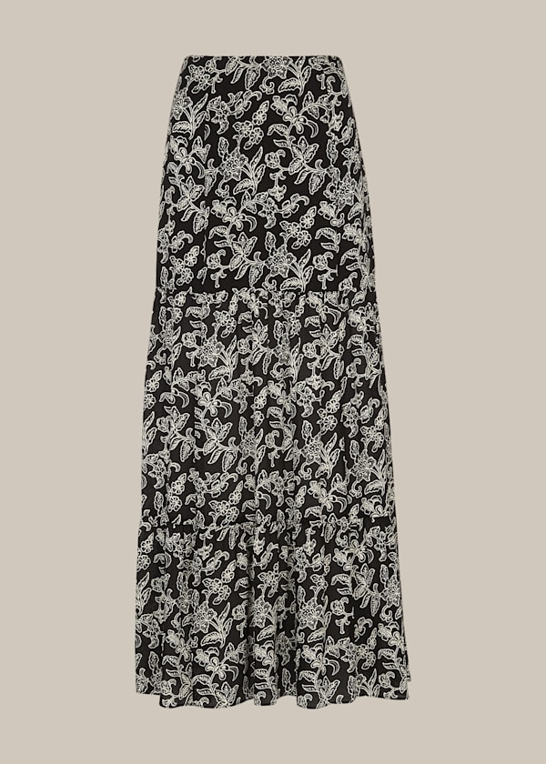 Black Jasmine Print Silk Skirt