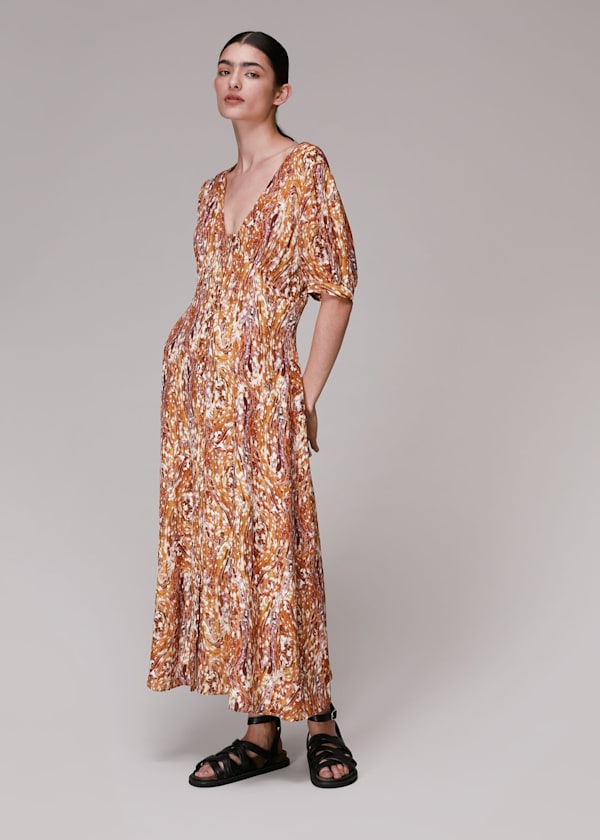 Multicolour Marble Print Silk Midi Dress