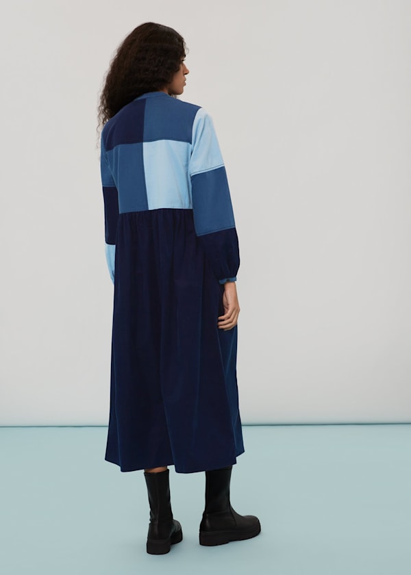 Blue Adi Patchwork Cord Midi Dress