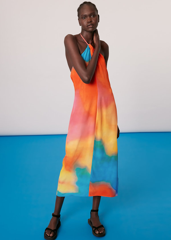 Multicolour Halterneck Rainbow Silk Dress