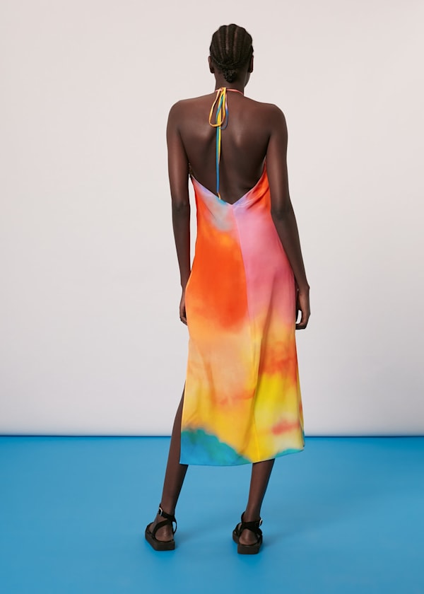 Multicolour Halterneck Rainbow Silk Dress