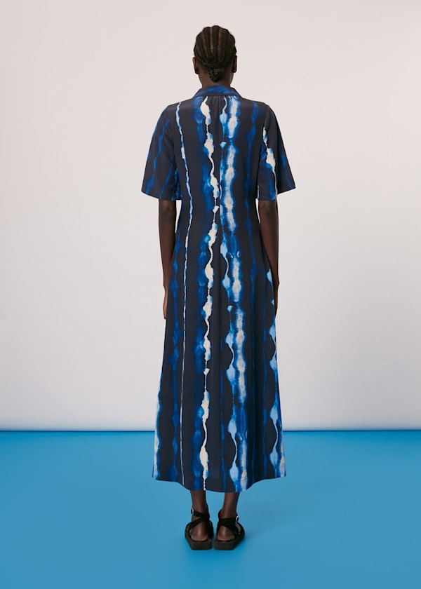 Blue Shibori Print Silk Midi Dress