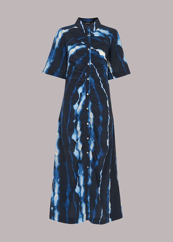 Blue Shibori Print Silk Midi Dress