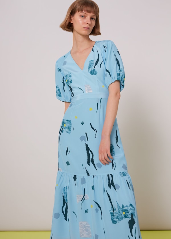 Blue Abstract Print Silk Dress