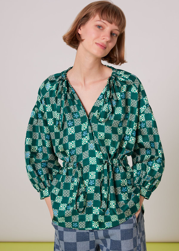 Green Silk Checkerboard Top