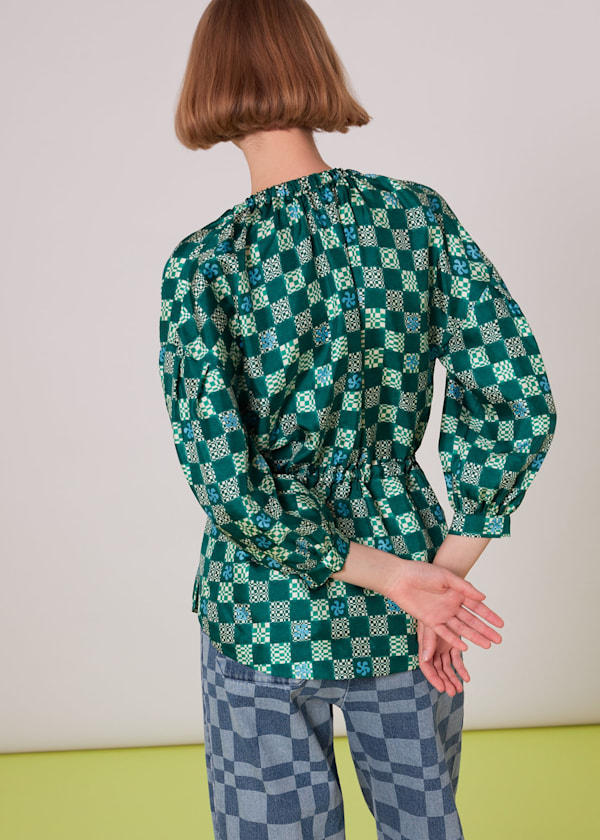 Green Silk Checkerboard Top