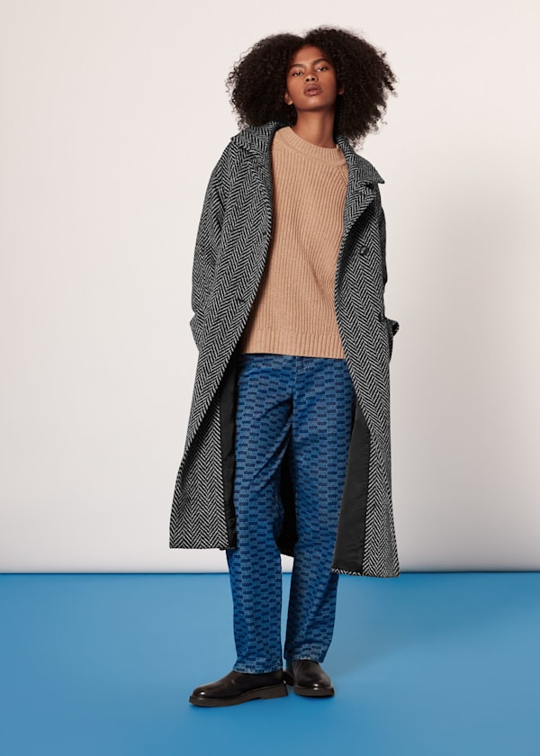 Black Herringbone Funnel Neck Coat