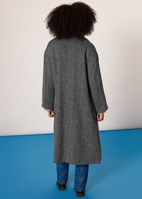 Black Herringbone Funnel Neck Coat