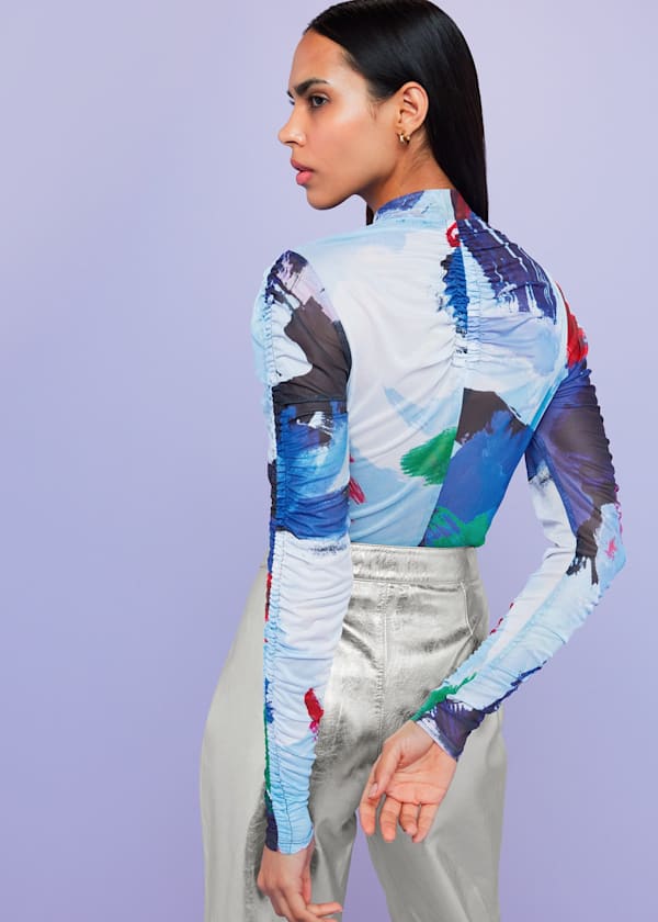Multicolour Brushmark Seam Detail Mesh Top