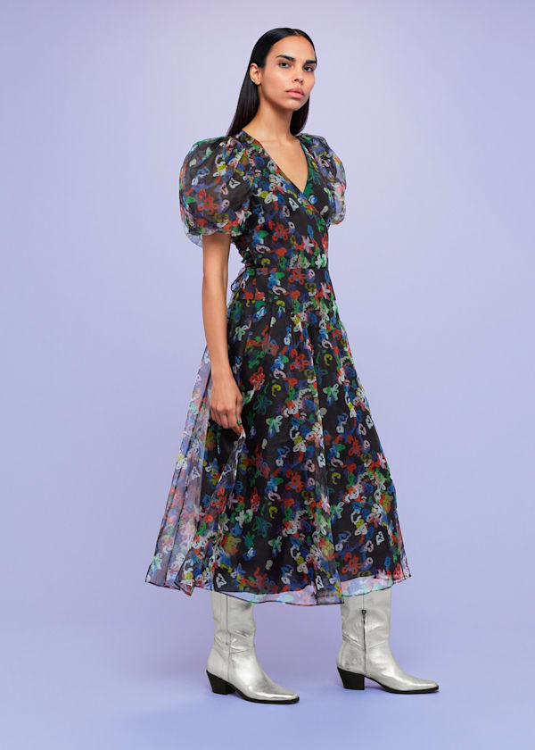 Black Scribble Organza Silk Dress