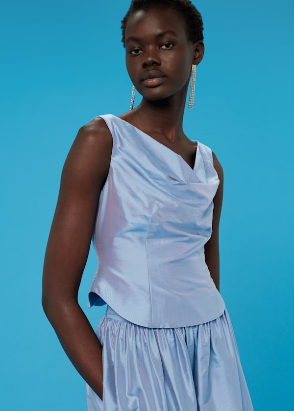 Blue Taffeta Silk Off Shoulder Top