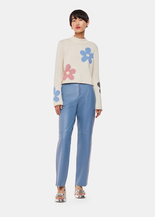 Blue Straight Leg Leather Pants 