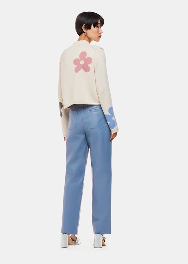 Blue Straight Leg Leather Trouser