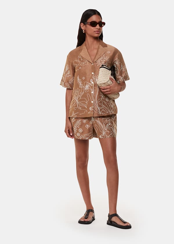 Brown Embroidered Scribble Short