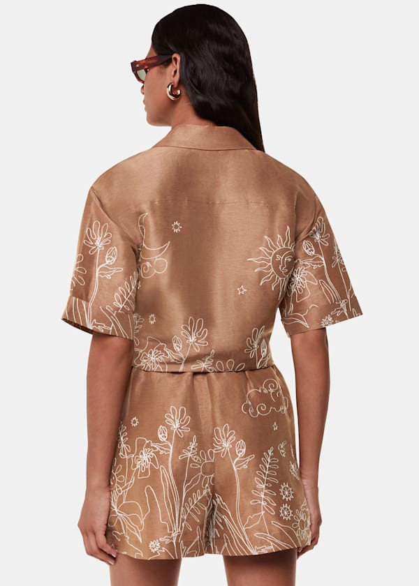 Brown Embroidered Scribble Short