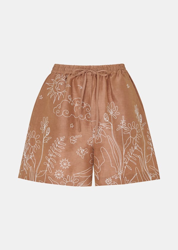 Brown Embroidered Scribble Short