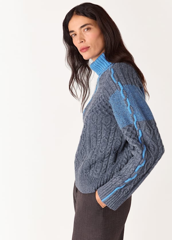 Blue Patchwork Cable Knit Sweater