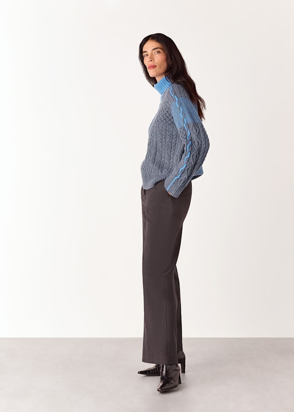 Blue Patchwork Cable Knit Sweater