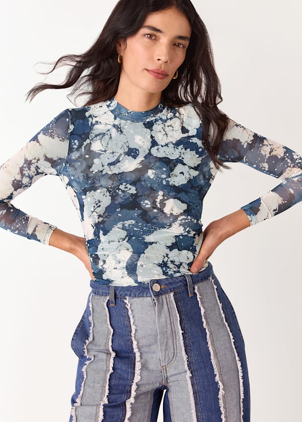 Blue Batik Marble Gathered Mesh Top