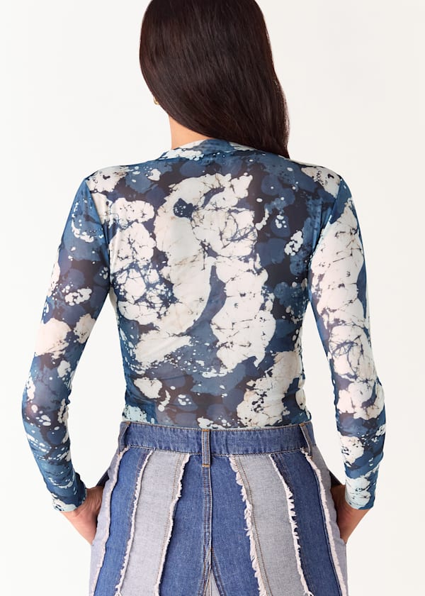 Blue Batik Marble Gathered Mesh Top