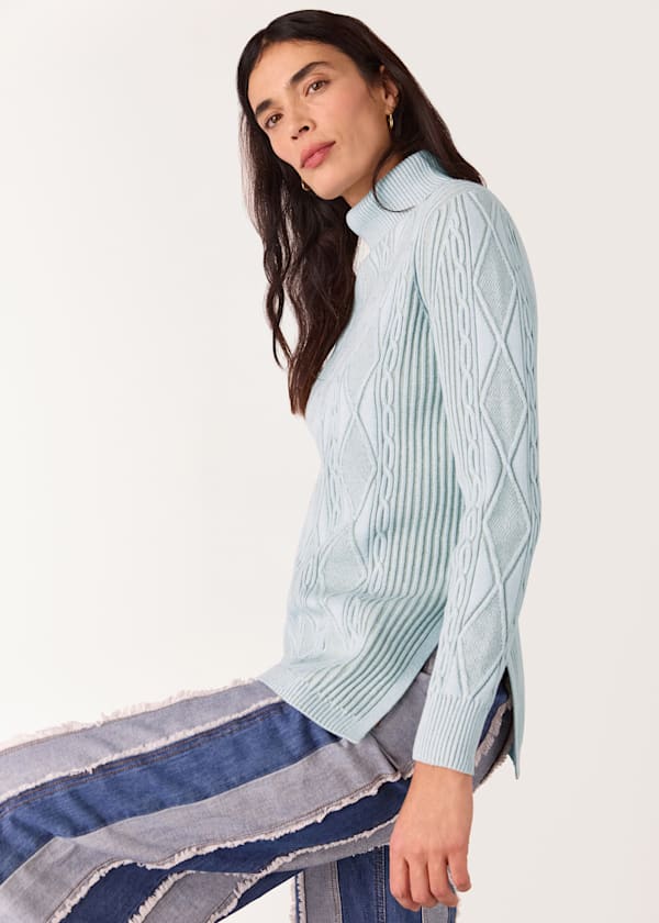 Blue Aoife Fine Cable Roll Neck