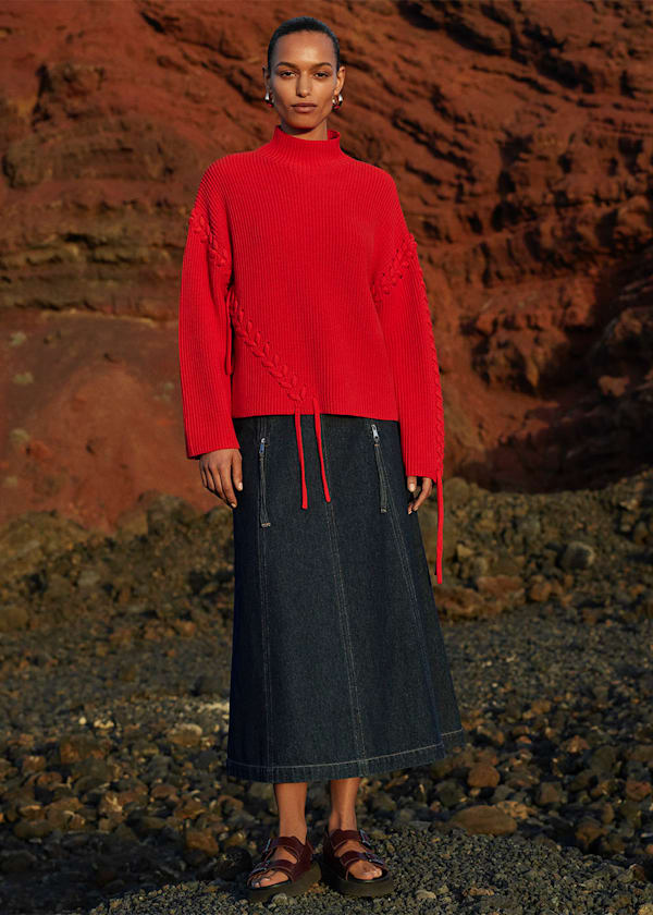 Red Lacing Detail Rib Sweater