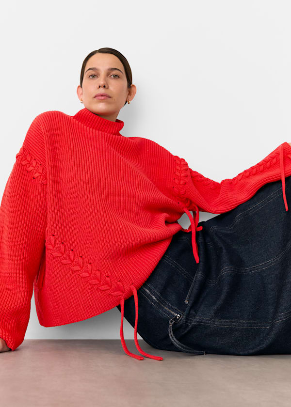 Red Lacing Detail Rib Sweater