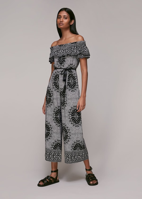 Black Bleached Print Bardot Jumpsuit