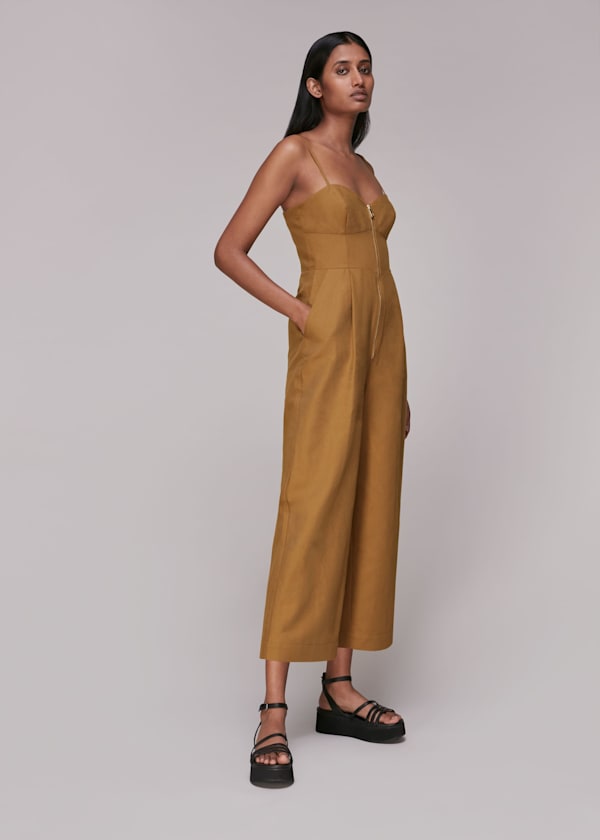 Khaki Zip Detail Linen Jumpsuit