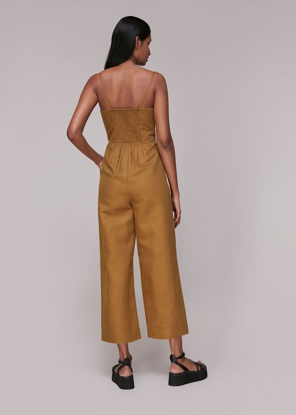 Khaki Zip Detail Linen Jumpsuit