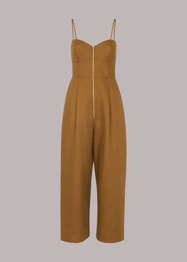 Khaki Zip Detail Linen Jumpsuit