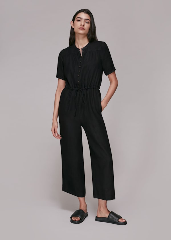 Black Button Front Linen Jumpsuit