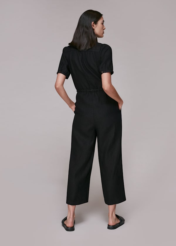 Black Button Front Linen Jumpsuit