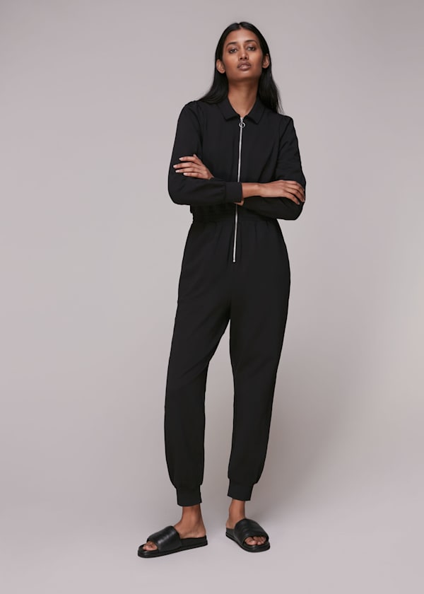 Black Jersey Zip Front Jumpsuit