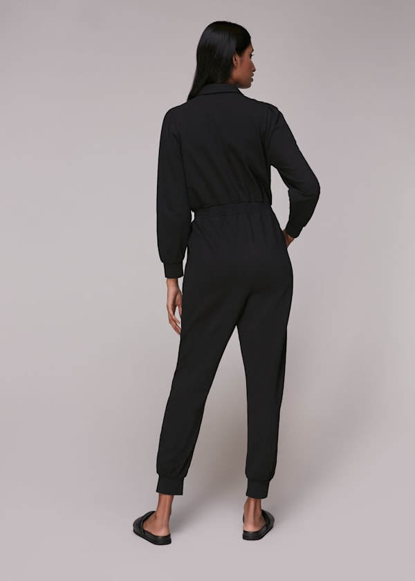 Black Jersey Zip Front Jumpsuit
