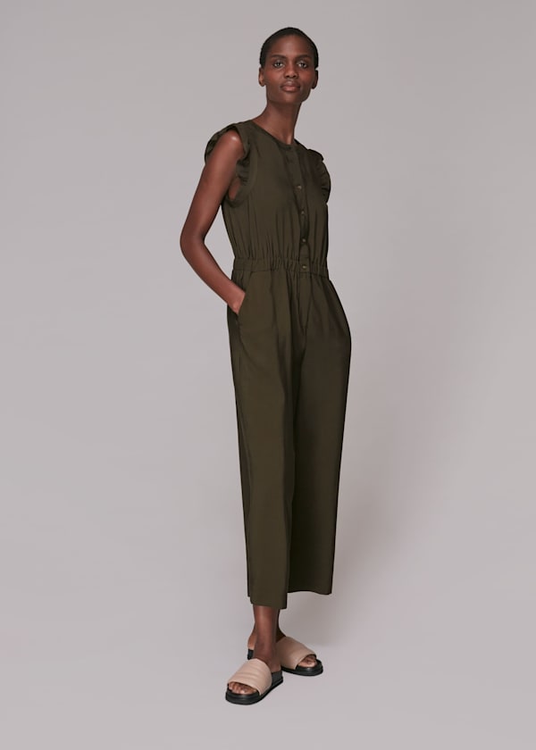 Khaki Frill Sleeve Button Jumpsuit